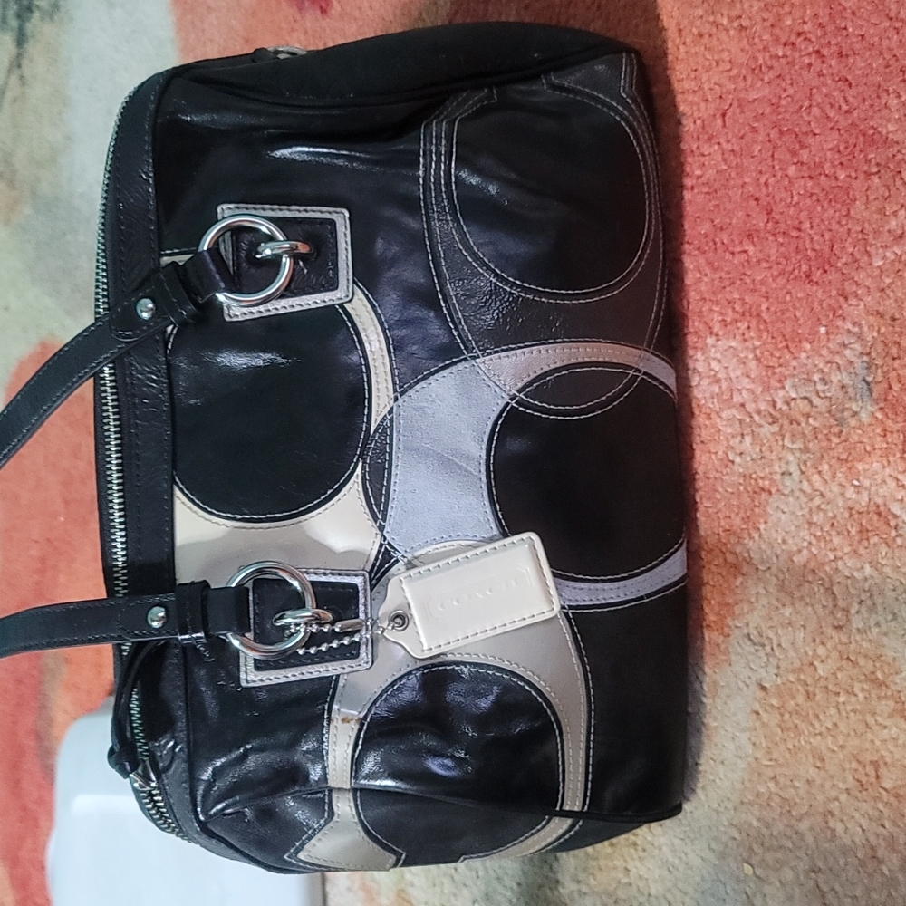 Coach Purse - Speedy - Leather - Gray/Black Print